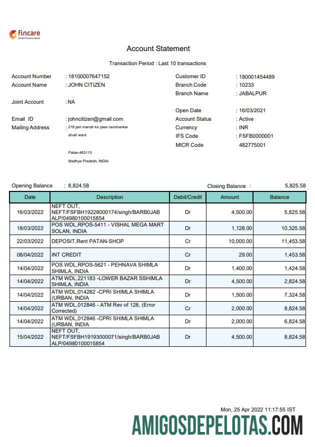 India Fincare extrato bancário amostra